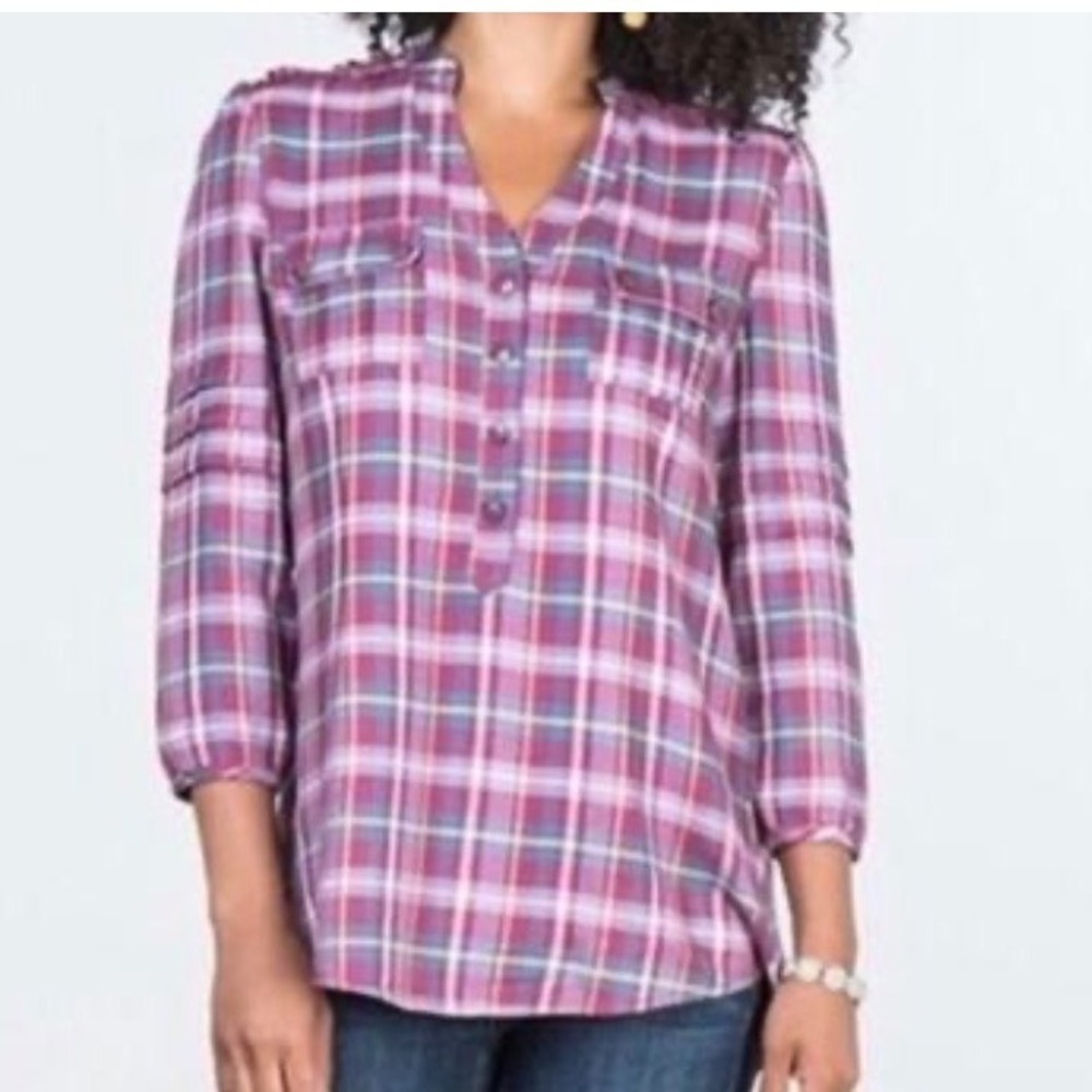 Matilda Jane All Day Millie Popover Plaid Tunic Top Women Small Purple NWOT